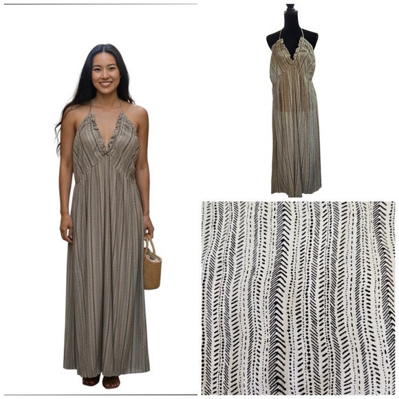NWT Cupshe Halter Neck Sleeveless Black Cream Striped Maxi Dress Sz XL - Picture 1 of 10
